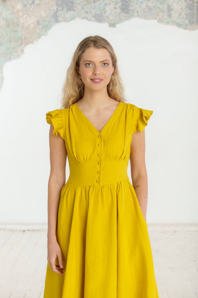 Diane Dress, Ruffle Sleeve, Daisy Yellow
#color_daisy-yellow