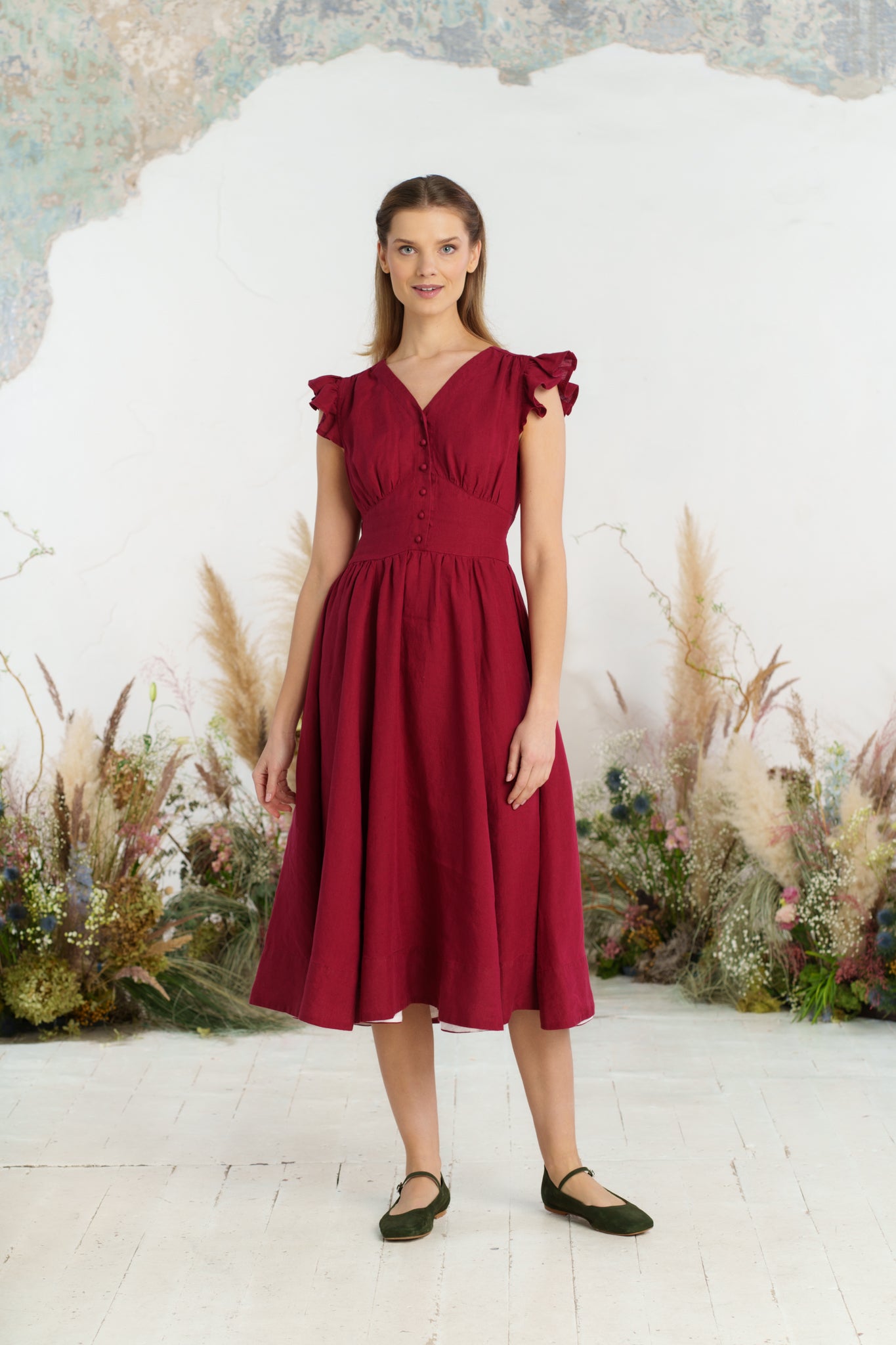 Diane Dress, Ruffle Sleeve, Marsala Red
#color_marsala-red