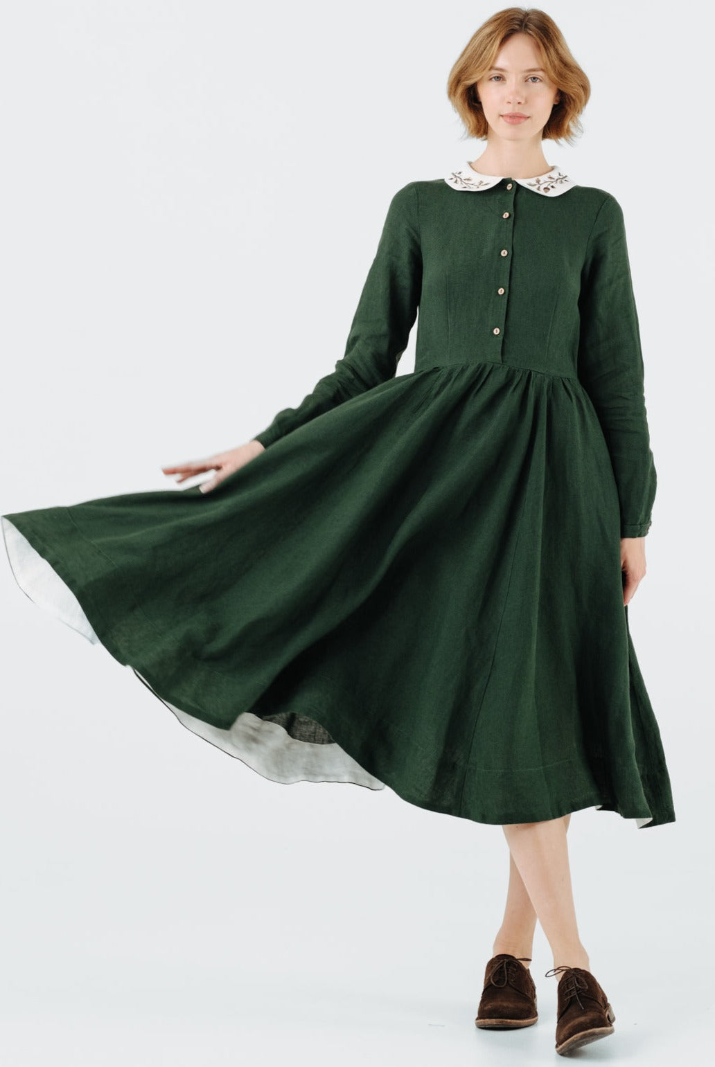 Classic Dress with Embroidered Hazelnut Collar, Long Sleeve, Evergreen#color_evergreen