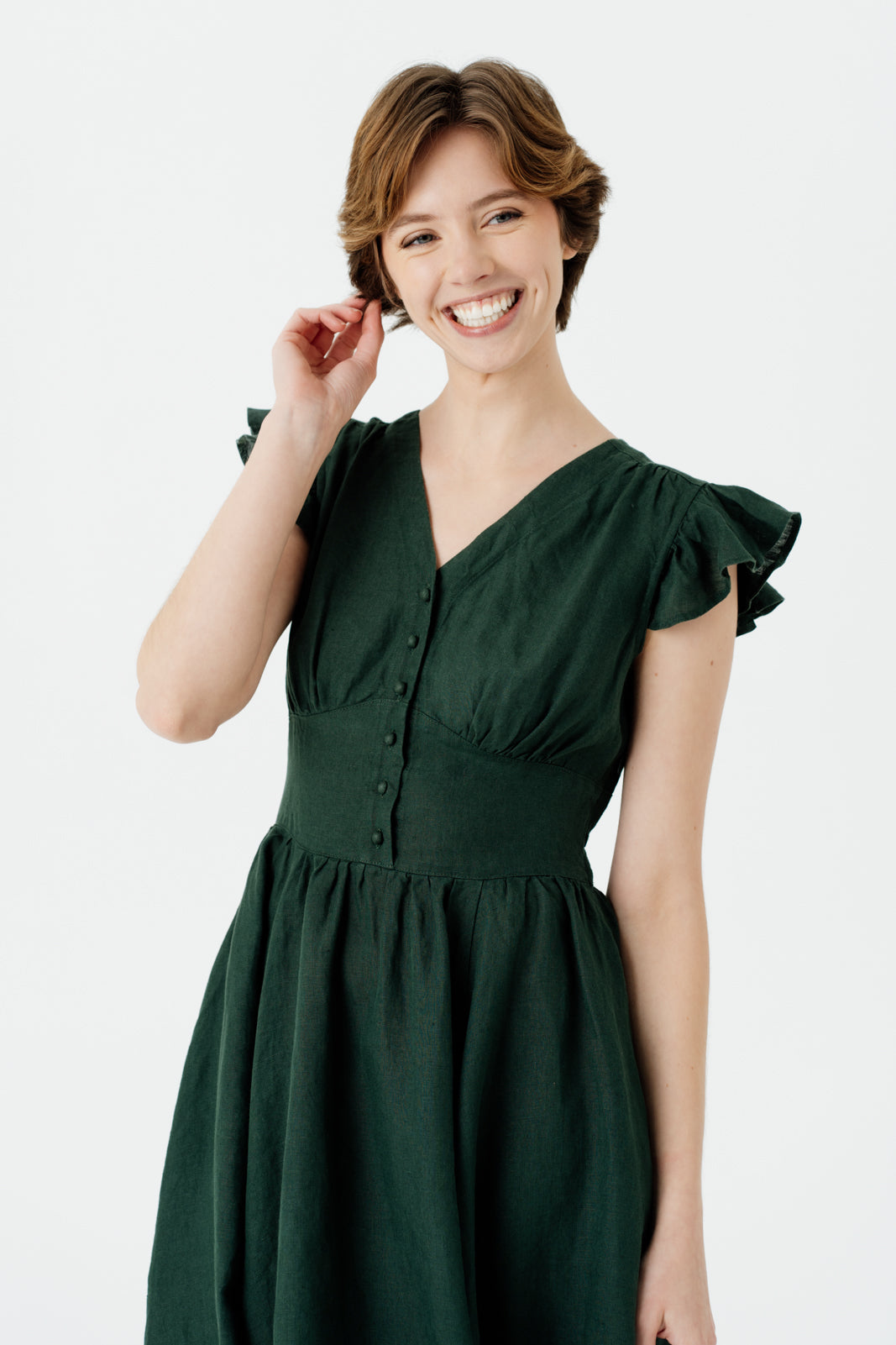 Diane Dress, Ruffle Sleeve, Evergreen#color_evergreen